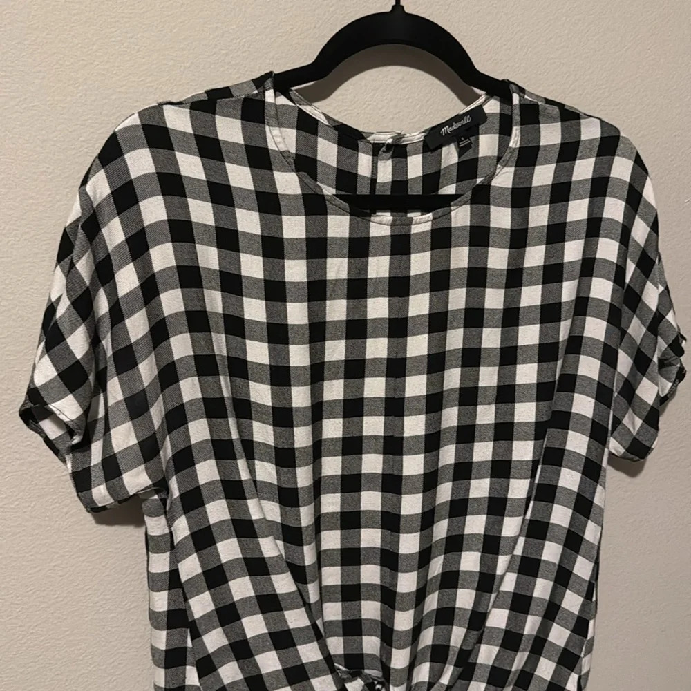 Madewell checkered front tie short sleeve blouse button up back size small EUC - Picture 5 of 8